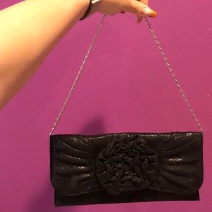 Shiny Black Flat Clutch with Silver Chain